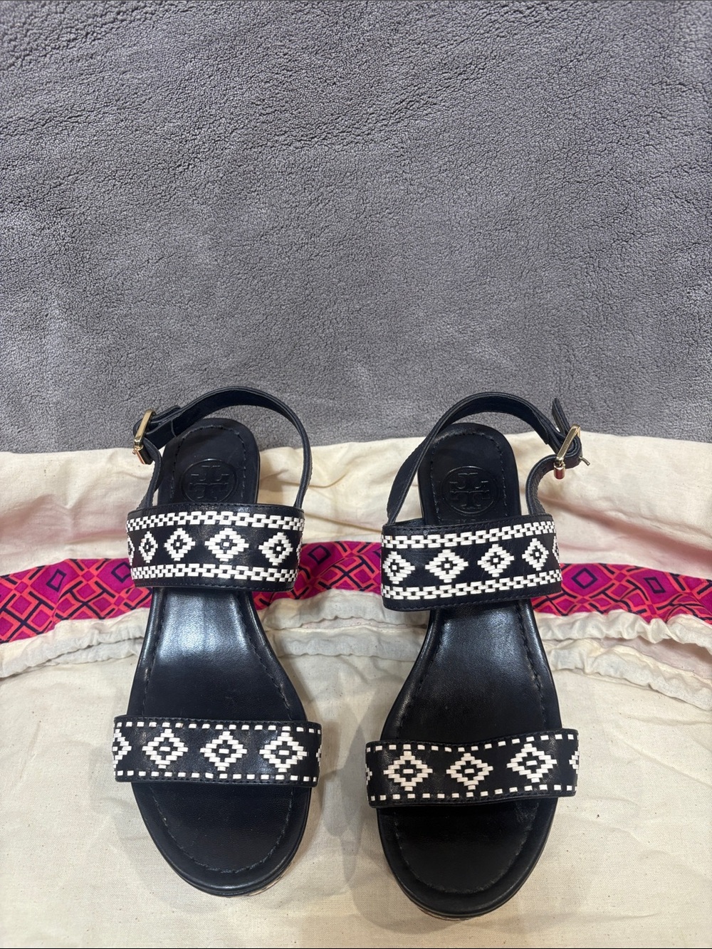 Tory Burch Black and White Beaded Geometric Strap Sandals